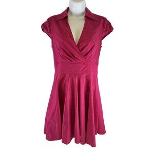Betsey Johnson Pink Flare Dress Rockabilly Pinup Cap Sleeve Collar VNeck Women 2